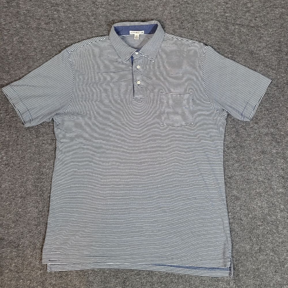 Vtg Peter Millar Mens Size M Golf Polo Shirt White Blue Stripe Pocket On Chest